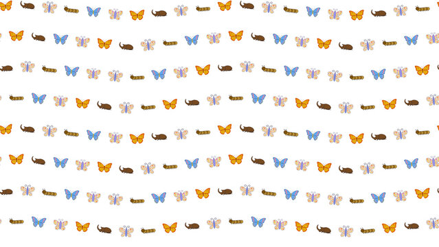 Cartoon insects pattern with butterflies, caterpillars, and beetles
