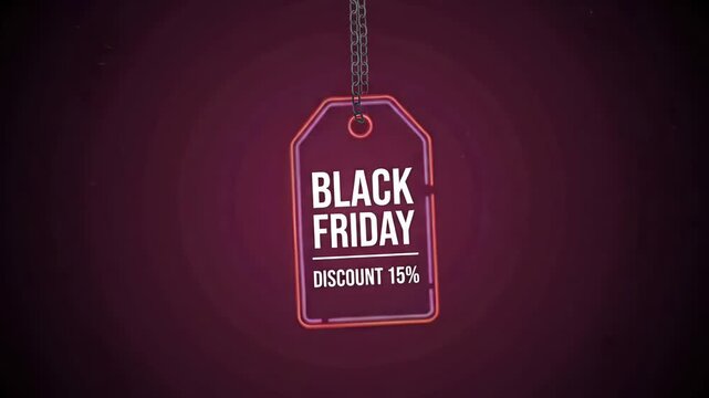 Glowing neon price tag sale loop, hanging Black Friday 15% discount sign with chain over dark background motion graphic
