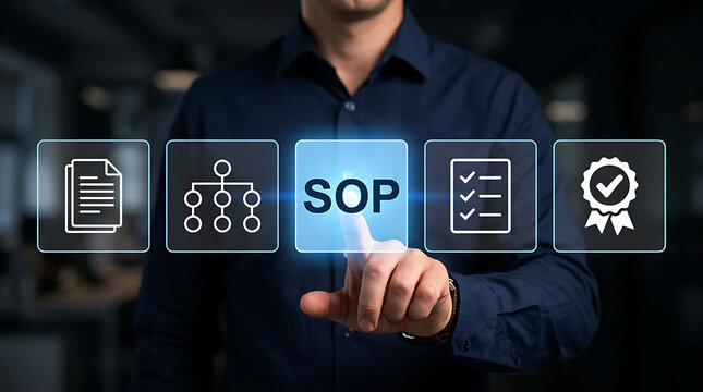 Businessman touching SOP standard operating procedure button on digital screen