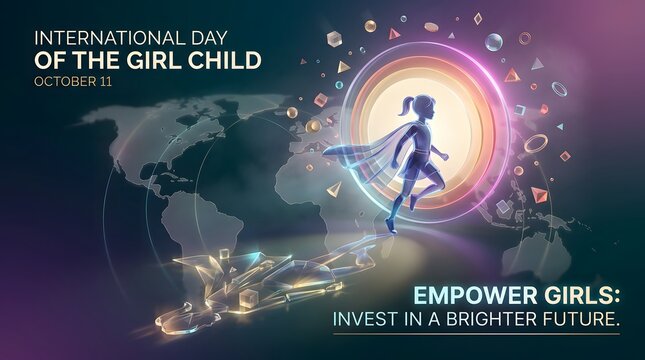 Digital illustration of a running girl with a world map background