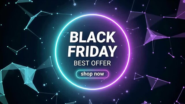 Black Friday neon sale loop, futuristic glowing circle badge with digital plexus polygon network background motion graphic
