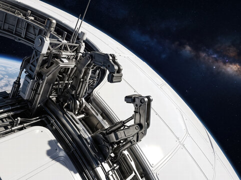Mechanical Robotic Arms on Spacecraft Hull in Orbit