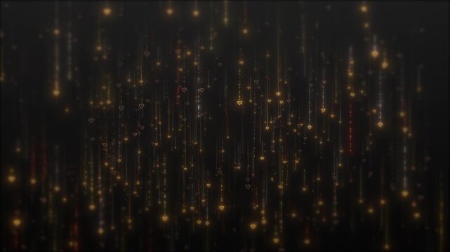 Delicate heart outlines appear among light trails glowing particles, bokeh adding layered depth. dreamlike video wedding invitations, Valentine messages, engagement announcements anniversary greetings