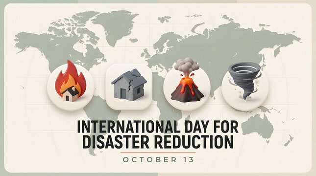 Illustrations of fire collapsed house volcano and tornado on a world map