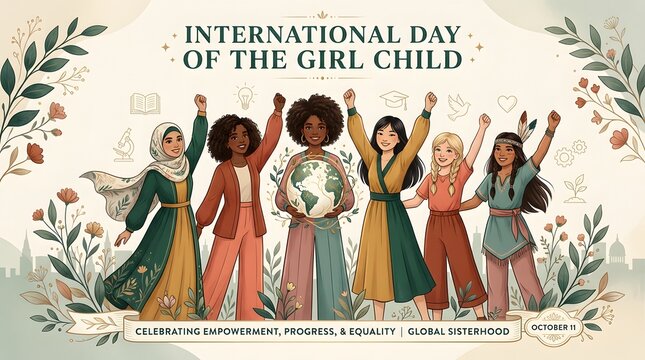 Diverse group of women holding earth illustration with floral ornaments
