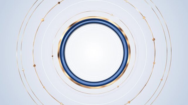 Nested metallic rings blank circular center, orbital lines nodes extending across the composition. Rows of square accents geometric premium video frame for logos, brand titles corporate presentations.
