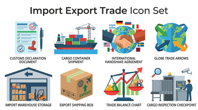 Import export trade icons illustrate wooden shipping boxes, cargo container ships, warehouse storage, and handshake agreements.