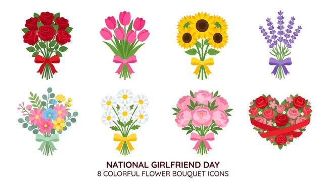 Flower bouquets display vibrant red roses, pink tulips, yellow sunflowers, and purple lavender with smooth textured ribbons.