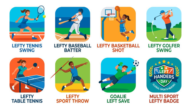 Left handed athletes play various sports including tennis baseball and basketball with dynamic motion depicted in vibrant vector badges.