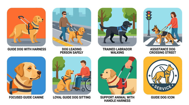 Guide dogs with golden fur and protective harnesses demonstrate vital assistance roles in colorful vector icons that highlight accessibility.