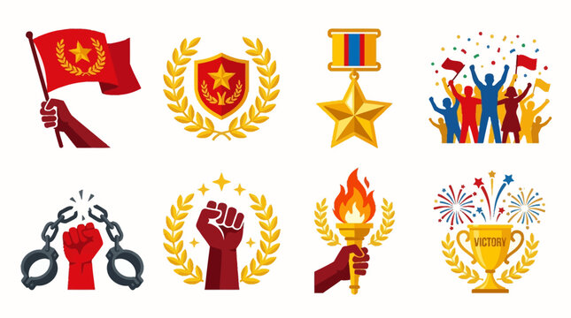 Revolutionary symbols and victory awards depicted in fiery red and shimmering gold tones with sharp metallic textures and bright highlights.
