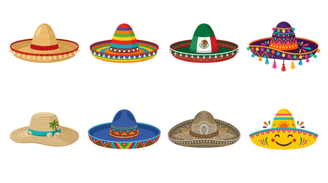 Sombreros showcase diverse vibrant colors and textured straw weaves arranged neatly across a crisp white background for a cultural design collection.