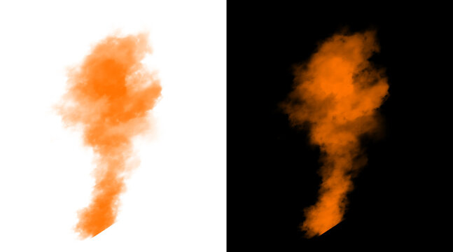 Vibrant orange smoke explosion, colored powder burst on black and white background, abstract dust cloud element for creative design overlays