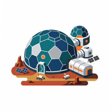 Futuristic Mars Habitat Dome Base with Rovers Illustration