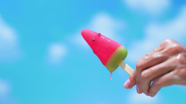 Close-up of hand holding melting watermelon popsicle dripping under bright blue summer sky. Hot weather, heatwave and refreshment lifestyle concept.