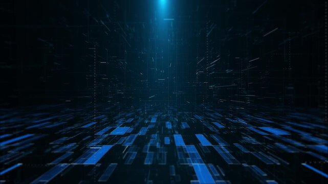 Futuristic digital tunnel rectangular floor tiles, wireframe outlines lines receding into depth. network background supports 19 presentations, digital infrastructure corporate video design.