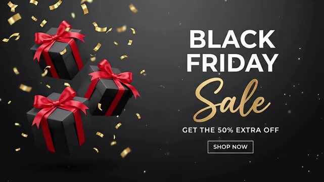 Black Friday 50% sale promo loop, floating black gift boxes with red ribbons and falling gold confetti 3D render motion graphic
