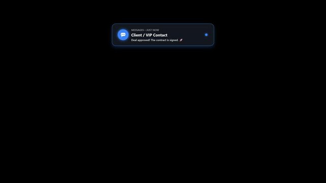 4K motion graphic animation of a sleek modern smartphone chat push notification banner, incoming text message bubble alert sliding down with spring bounce on black background for screen overlay.