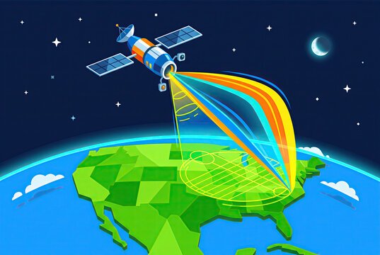 Satellite Orbiting Earth Transmitting Data Signal Illustration