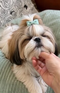 Cute shih tzu puppy with blue hair bow enjoying affectionate chin scratches from owner in vertical video clip