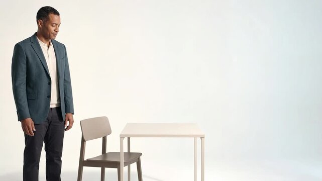 Fair Access and Equal Opportunity Concept with Professional Man Pulling Out an Empty Chair in Minimal Studio with Copy Space for Anti-Corruption Campaign
