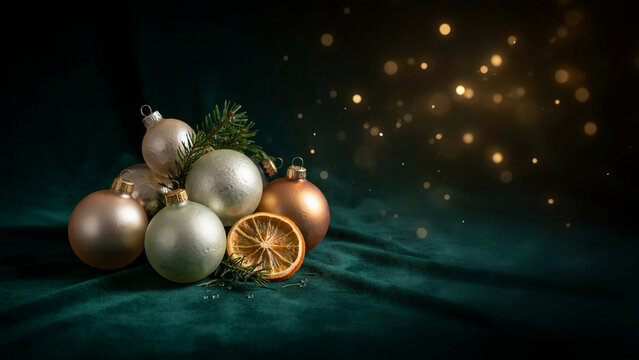 Elegant Christmas Glass Baubles in Muted Festive Colors Arranged on Rich Green Velvet with Golden Fairy Light Bokeh and Spacious Copy Area
