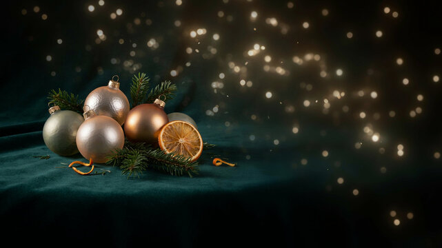 Premium Frosted Glass Christmas Ornaments in Champagne, Sage Green and Amber on Emerald Velvet with Spruce Branches and Warm Festive Bokeh