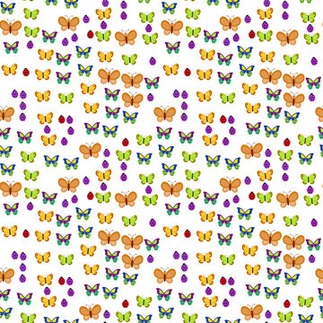 Seamless pattern of colorful butterflies and ladybugs