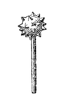 Morning star, spiked mace with a spherical head and wooden handle, old vintage illustration, 1897