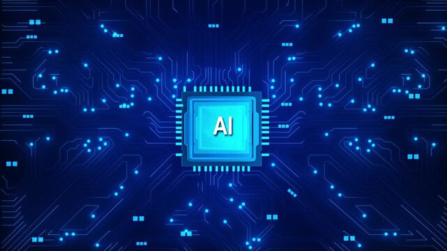 Processor labeled AI to branching circuit traces, glowing nodes rows chip pins. digital background artificial intelligence, machine learning and computing hardware 19 explainers presentations.