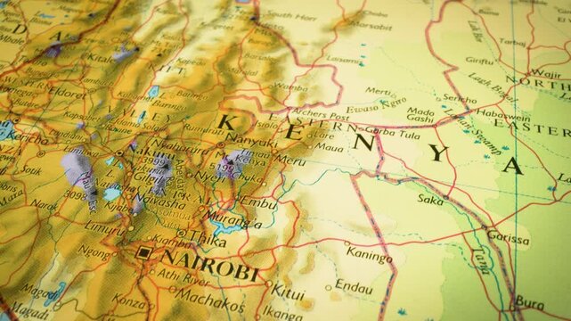 Gliding view over northeastern Africa toward Nairobi, Kenya &ndash; physical relief map
