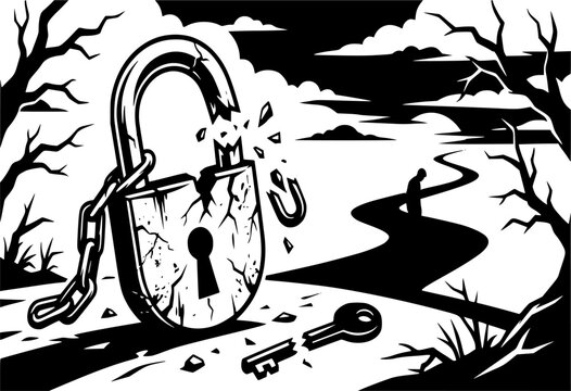 Black and White Broken Lock Solitude Silhouette: Betrayed Trust Vector, Unlocked Secret Icon