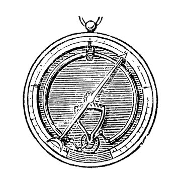Aneroid barometer, instrument for measuring atmospheric pressure without liquid, old vintage illustration, 1899