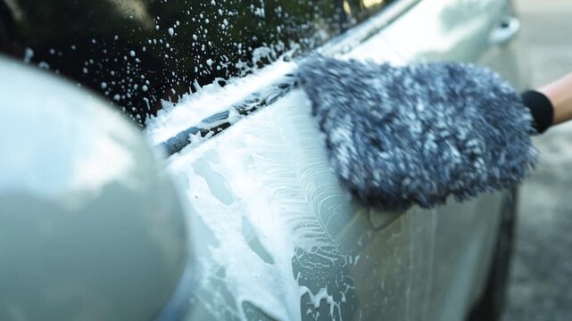 Close-up of hand washing soapy car side door with soft microfiber wash mitt. DIY auto detailing, car care and vehicle maintenance lifestyle concept.