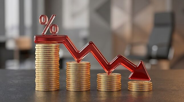 Stacks of gold coins with percentage sign showing declining trend