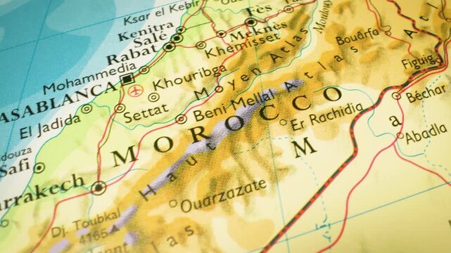 Gliding view over Morocco toward Casablanca and Marrakech &ndash; detailed physical relief map