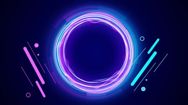A glowing circular frame rounded bars, fine lines tiny geometric dots. neon video provides a central area, logos, gaming titles, streaming introductions, music promotions modern branded presentations.