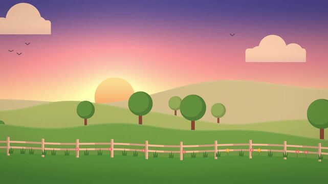 Cartoon green meadow with rolling hills, round trees, a fence and flowers at sunset, flat side-scrolling parallax background, seamless loop, 4K