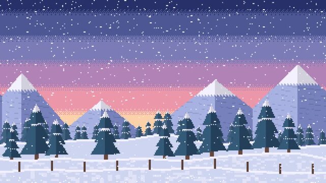 Pixel art snowy mountains at dawn with pine trees and falling snow, 8-bit side-scrolling parallax game background, seamless loop, 4K
