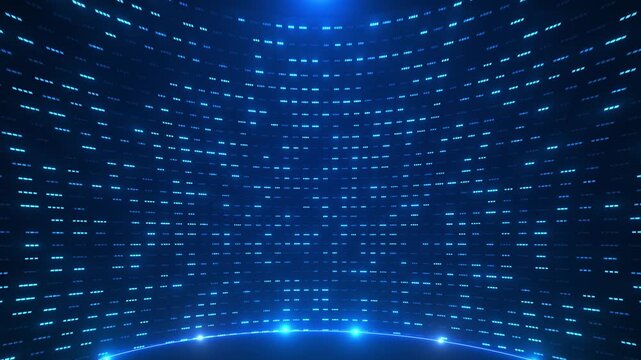 Rows of small rectangles form pixel wall glowing foreground arc. futuristic virtual stage video broadcast studios, concert visuals, branded presentations, event screens entertainment productions 3D 4K