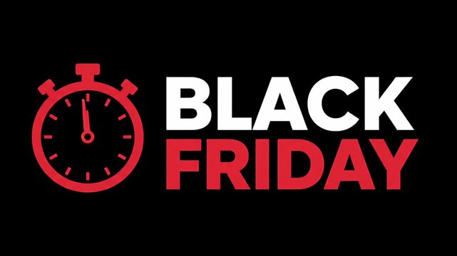 Black Friday countdown sale motion graphic featuring ticking red stopwatch icon and bold typography on black background promo loop
