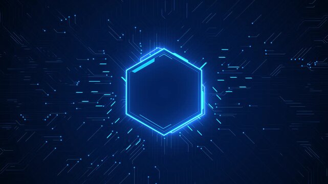 A glowing hexagonal frame circuit-inspired background, fine traces, tiny nodes angled accents. The open middle provides space 19 titles, electronic engineering topics digital network graphics.