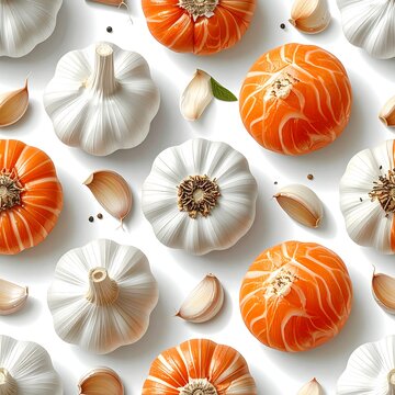 Assorted Pumpkins and Garlic on White Background.