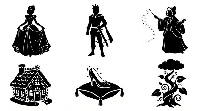Fairy tale vector silhouettes of princess, prince, witch, candy house, glass slipper and magic beanstalk