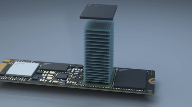 Animation of the three-dimensional stacking structure of solid-state drive flash memory particles