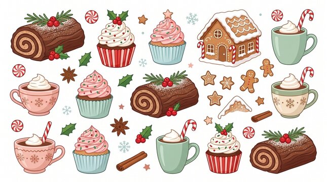 Christmas dessert vector clipart collection with Yule log cake, gingerbread house, cupcakes, hot chocolate with whipped cream, candy canes, and gingerbread man isolated on white background.