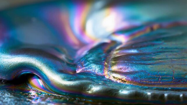 Macro close-up of iridescent oil slick with colorful holographic swirls on dark wet surface