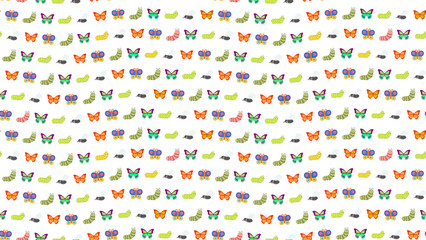 Seamless pattern of cartoon butterflies, caterpillars, and flies © parodi