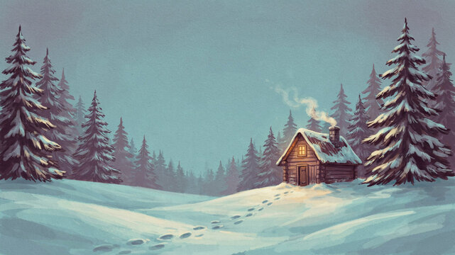 Charming Storybook Winter Landscape with a Warmly Lit Wooden Cabin, Chimney Smoke and Footprints Across Fresh Snow in a Painted Spruce Forest