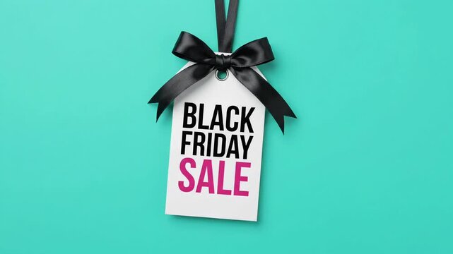 Black Friday sale price tag 3d render hanging with elegant black ribbon bow against vibrant turquoise cyan background promotional loop
